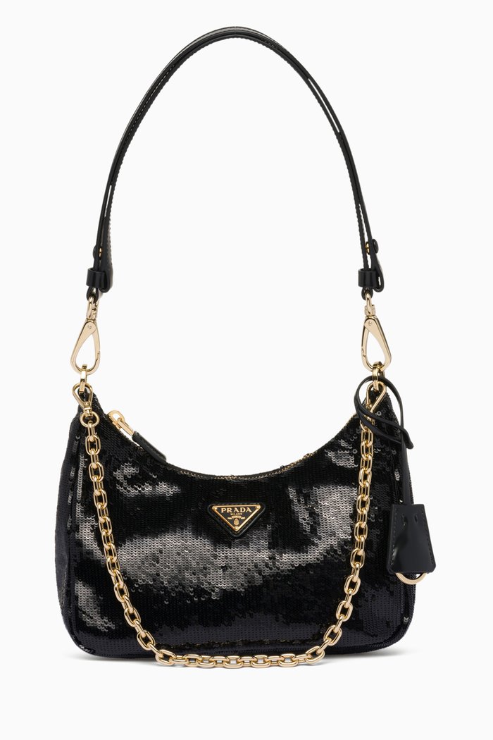 

Small Re-nylon Shoulder Bag in Sequins, Black