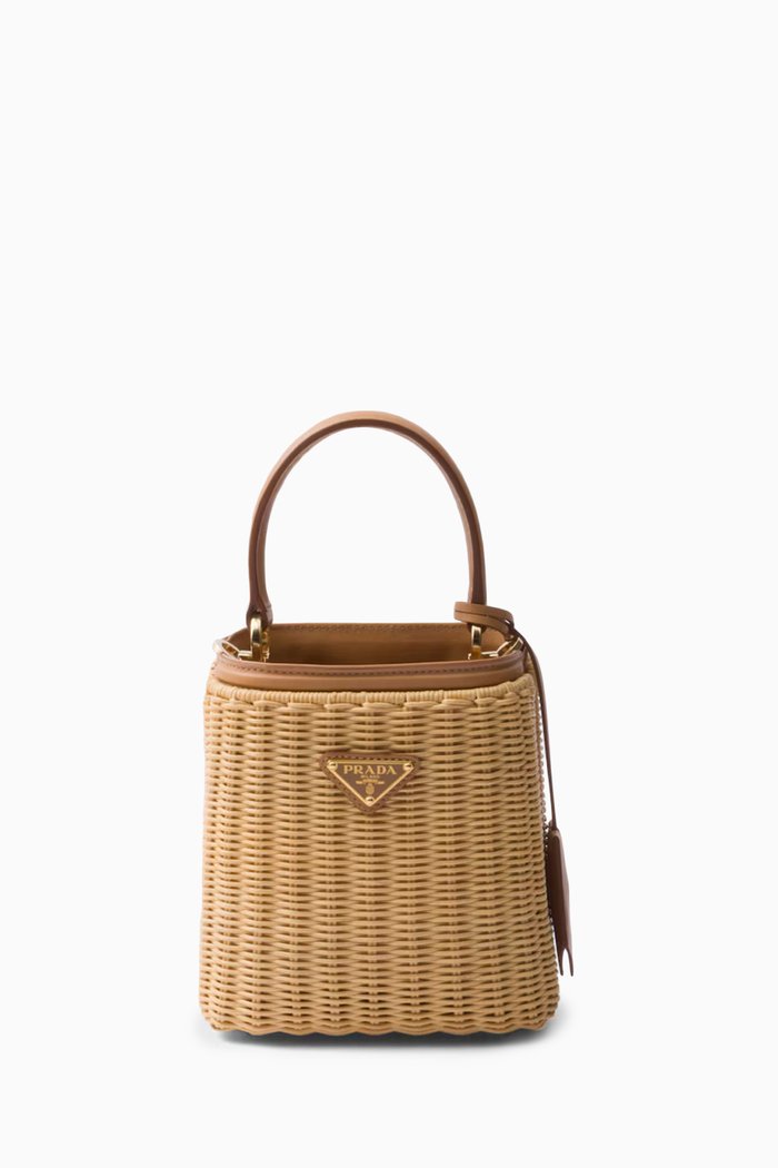 

Small Panier Bucket Bag in Raffia & Leather, Neutral