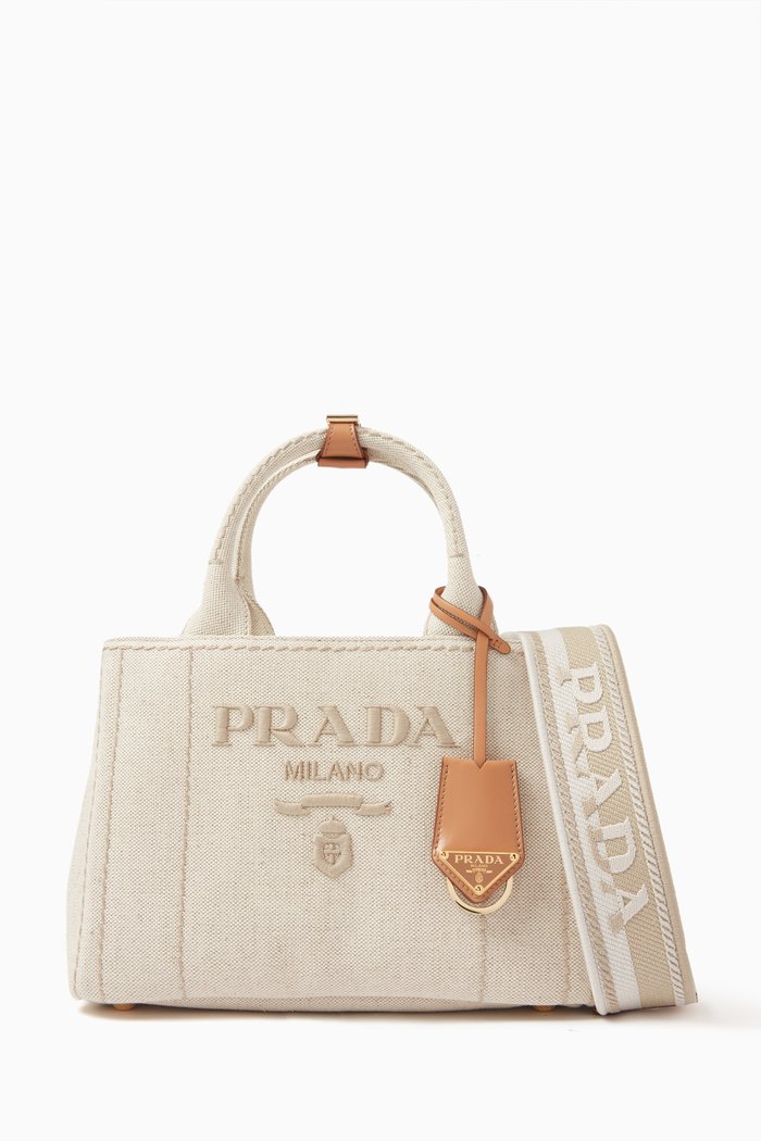 Small Logo Top-handle Bag in Linen-blend Canvas, Neutral