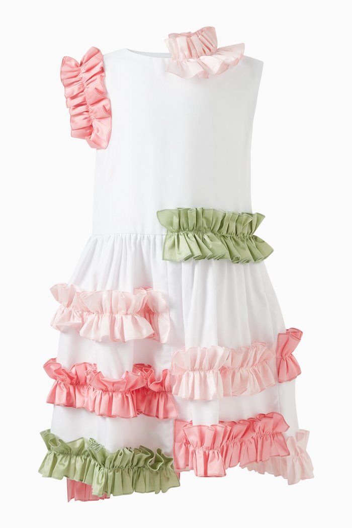 

Opal Asymmetrical Ruffles Dress in Cotton, White