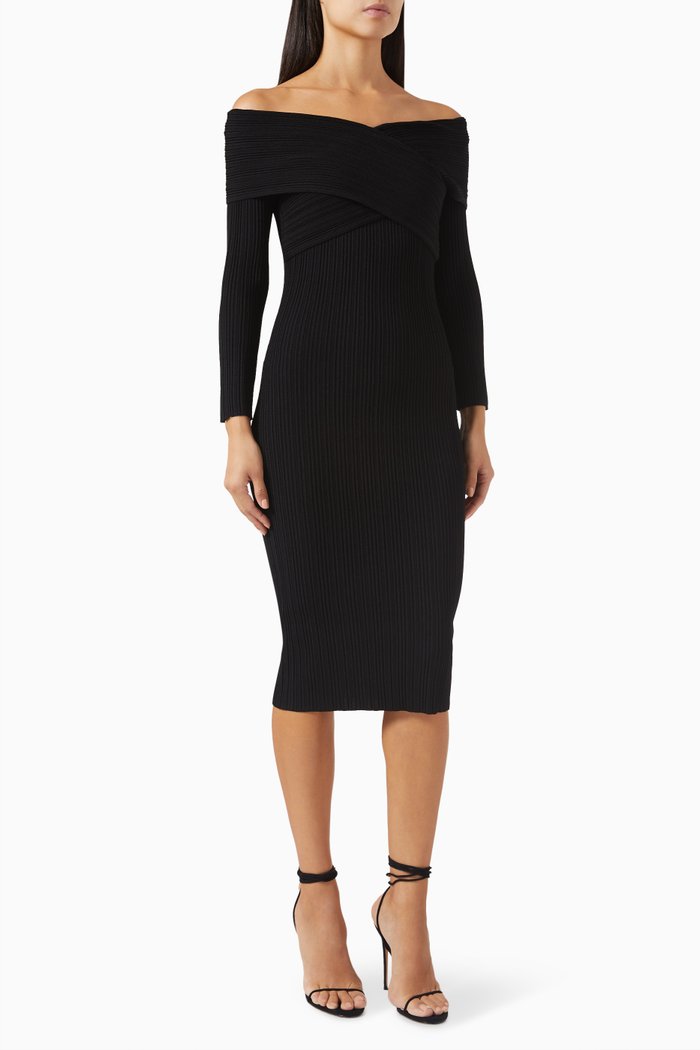 

Soraya Off-shoulder Midi Dress in Viscose-knit, Black