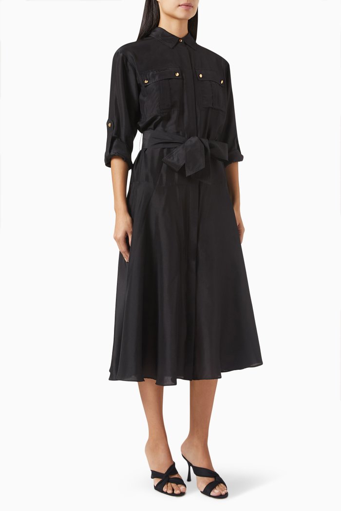

Camille Midi Shirtdress in Silk, Black