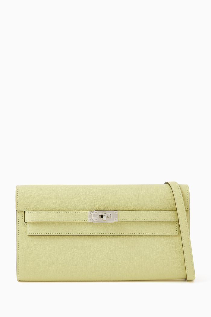 

Unused Kelly To Go Bag in Chevre Mysore Leather & Palladium Hardware, Yellow