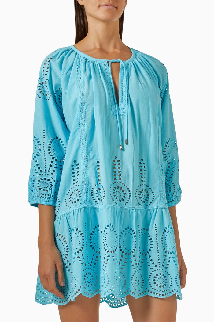 Ashley Embroidered Kaftan in Cotton, Blue