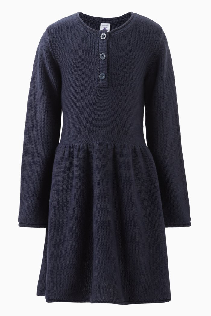 

Long-sleeve Dress in Cotton-knit, Blue