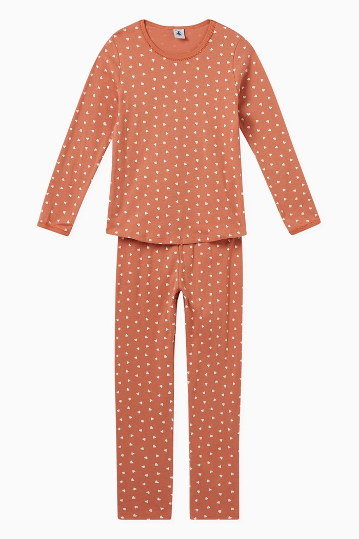

Heart Print Pyjama Set in Cotton Fleece, Orange