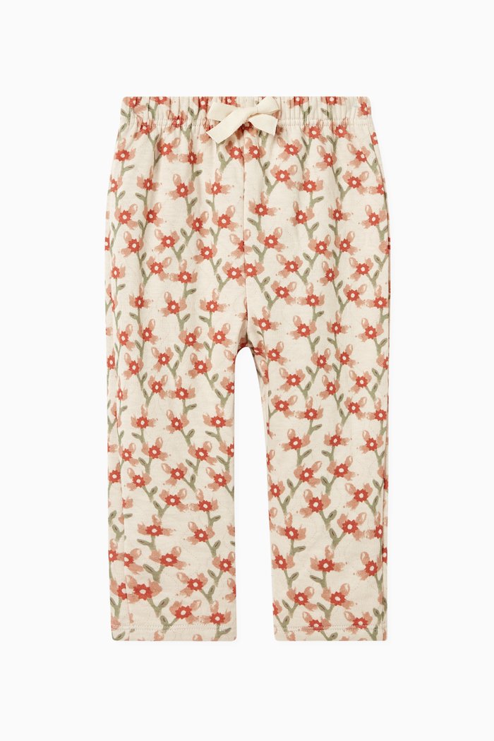 

Floral Print Quilted Trousers in Cotton Blend Tube Knit, White