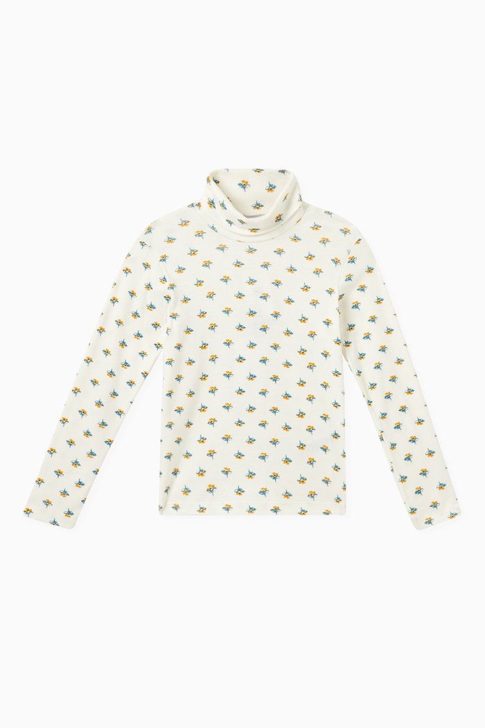 

Floral Print Roll-neck Top in Cotton, White