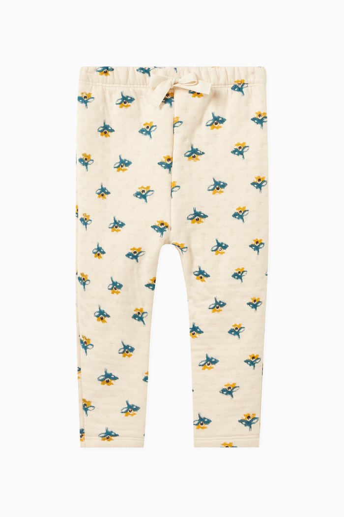 Floral Print Quilted Trousers in Cotton Blend Tube Knit, White