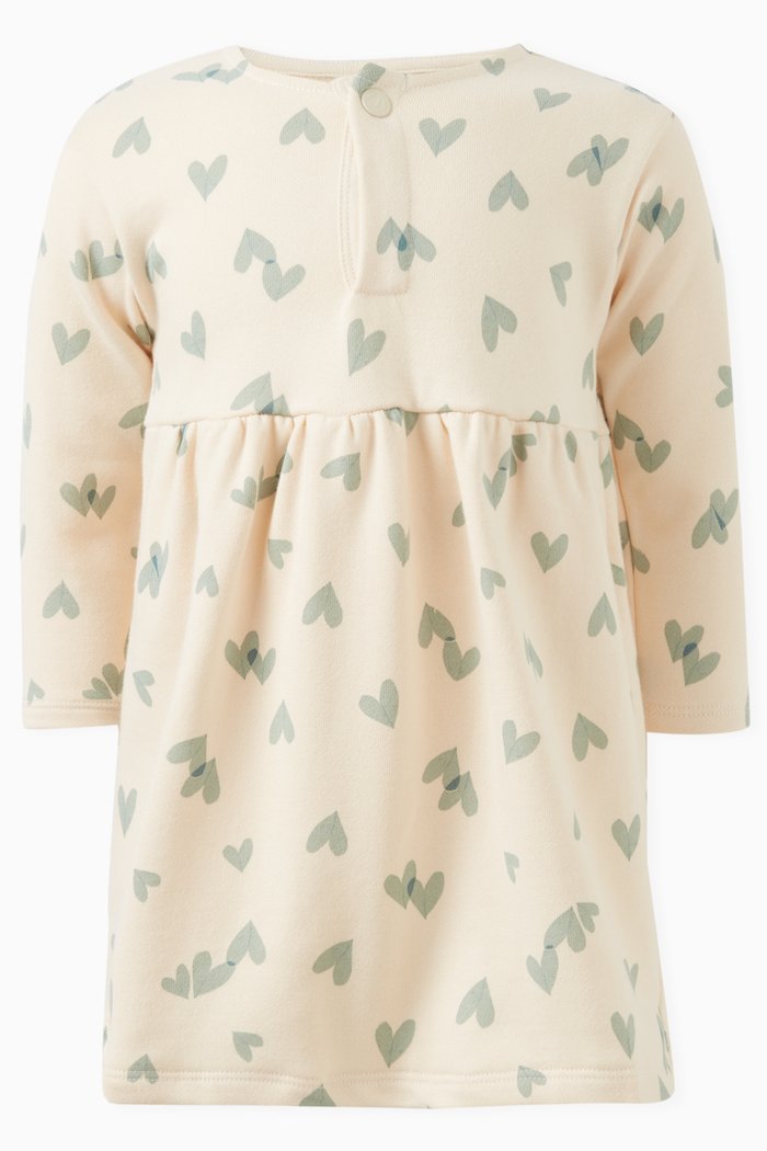 

Heart Print Dress in Cotton Fleece, Multicolour