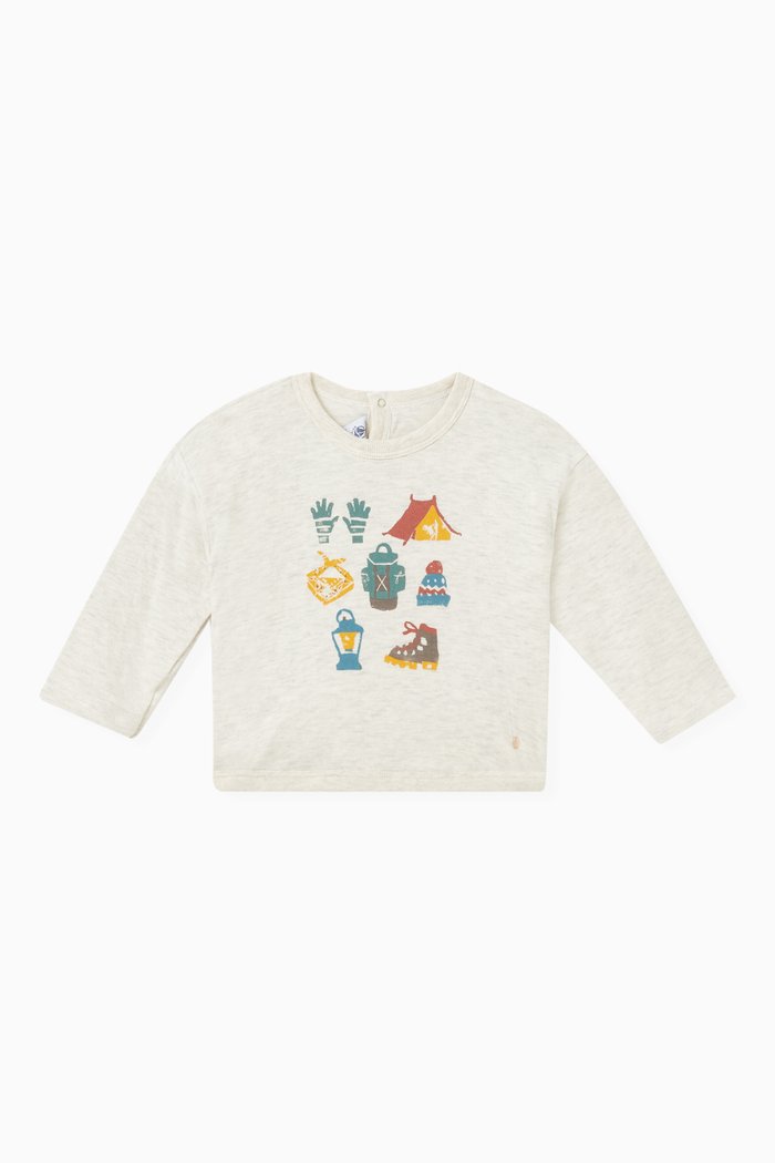 Graphic Print T-shirt in Cotton Tube Knit, Neutral