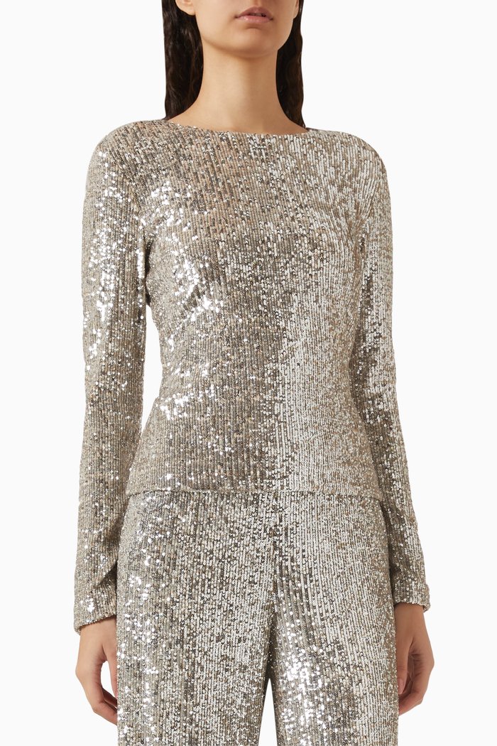 

Long-sleeve Top in Sequin Tulle, Silver