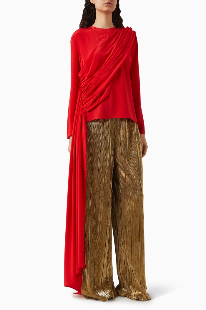 

Asymmetrical Draped Top in Crepe de Chine, Red