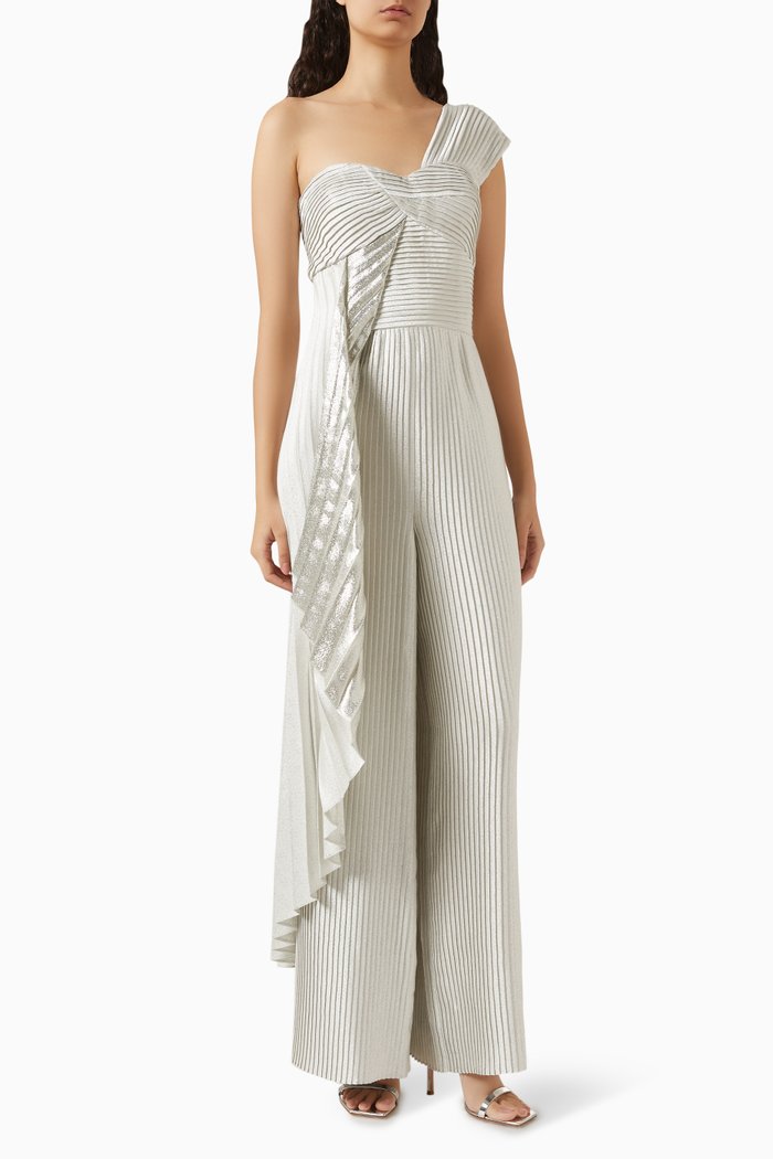 

One-shoulder Pleated Jumpsuit in Silk-blend Crêpe, White