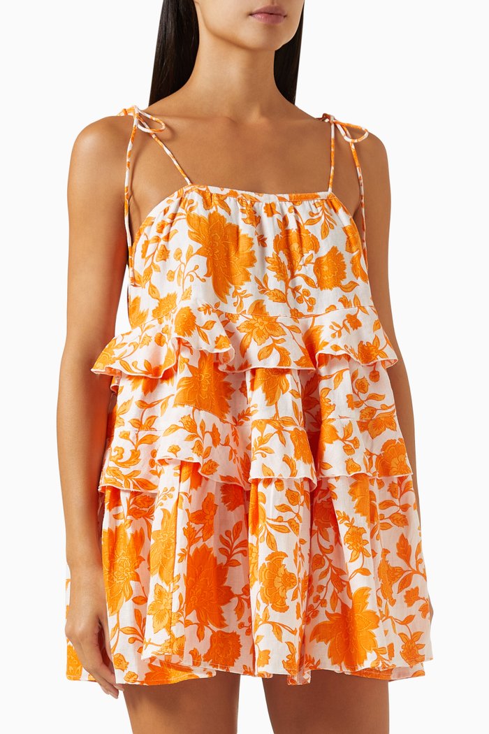 Astrid Tiered Mini Dress in Linen, Orange