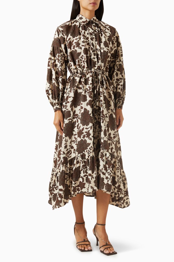 

Embeth Floral-print Dress in Linen, Brown