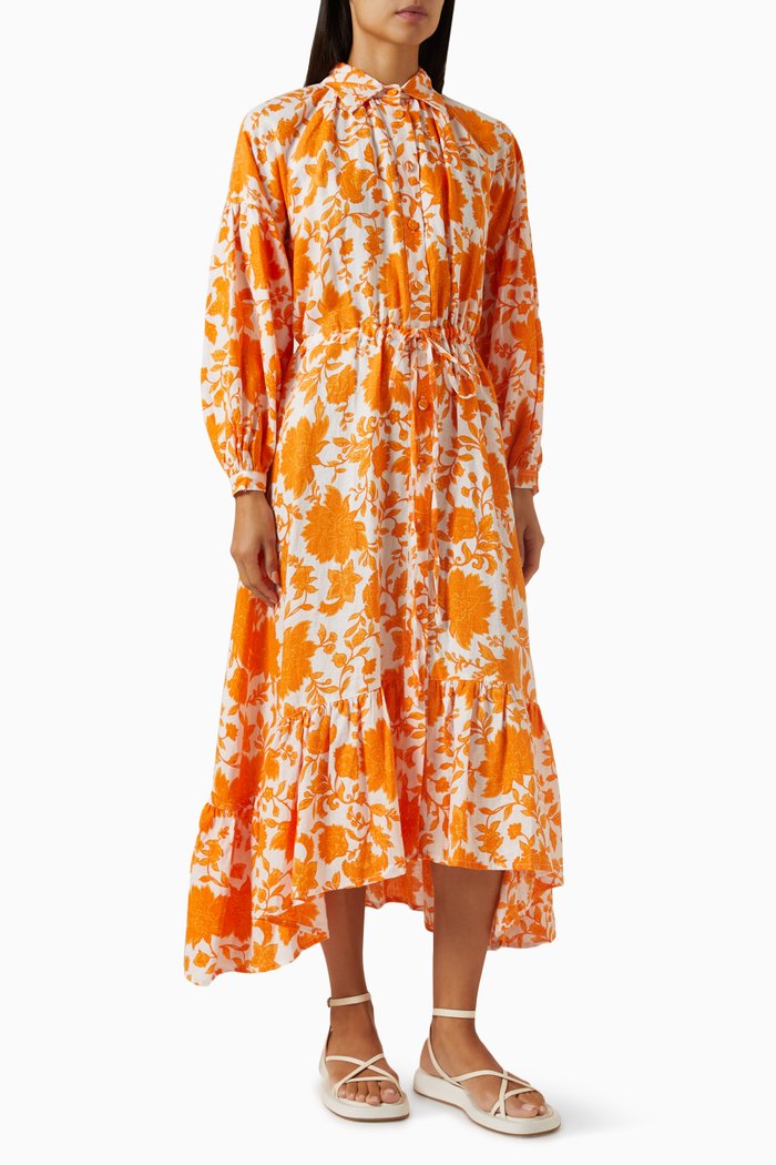

Embeth Floral-print Dress in Linen, Orange