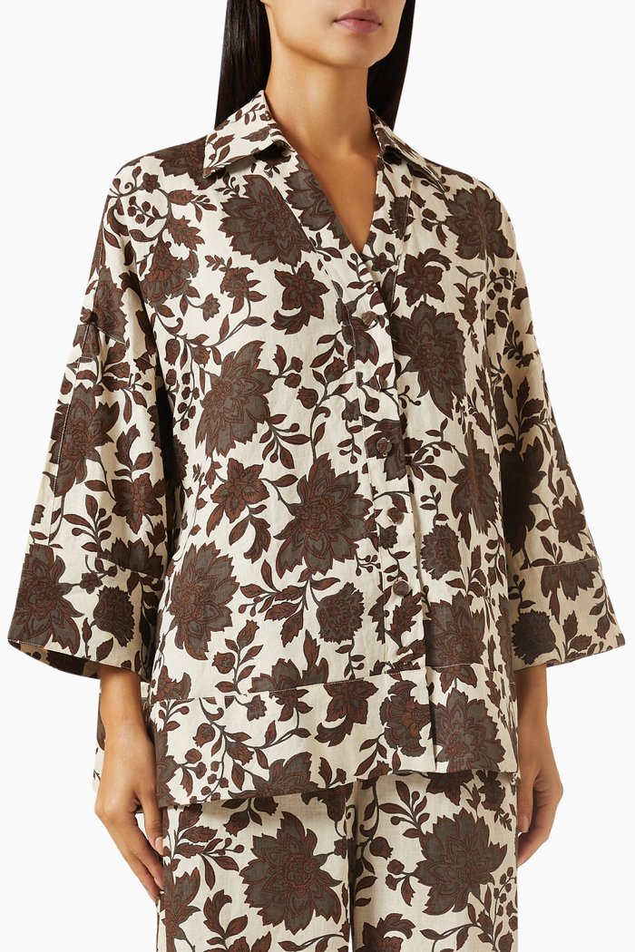 

Romy Floral-print Flared Shirt in Linen, Brown