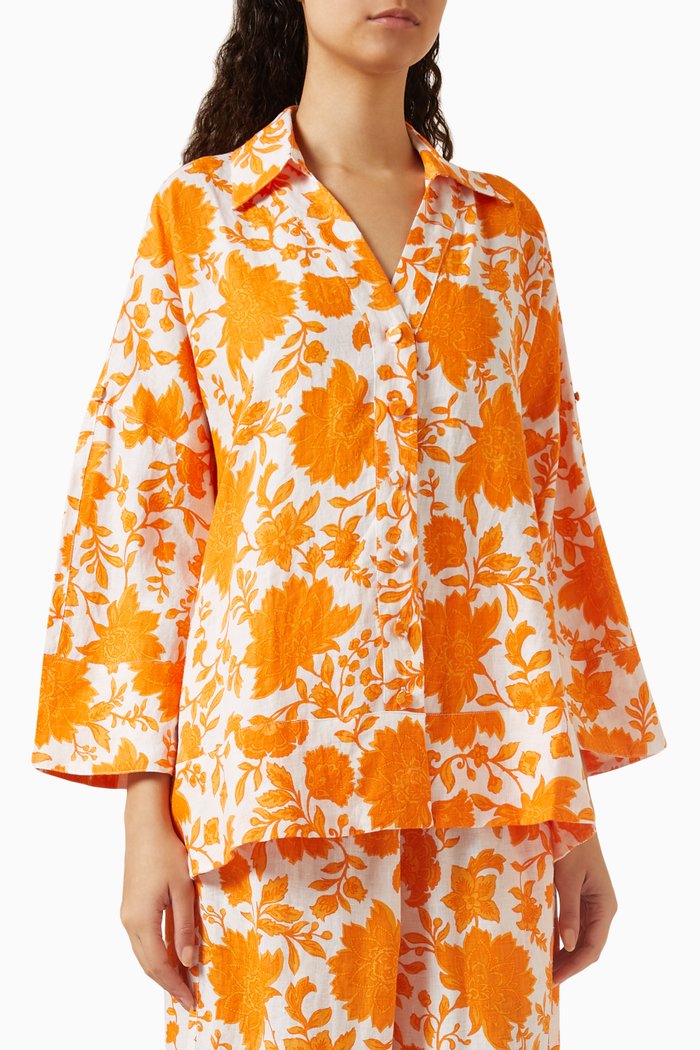 

Romy Floral-print Flared Shirt in Linen, Orange