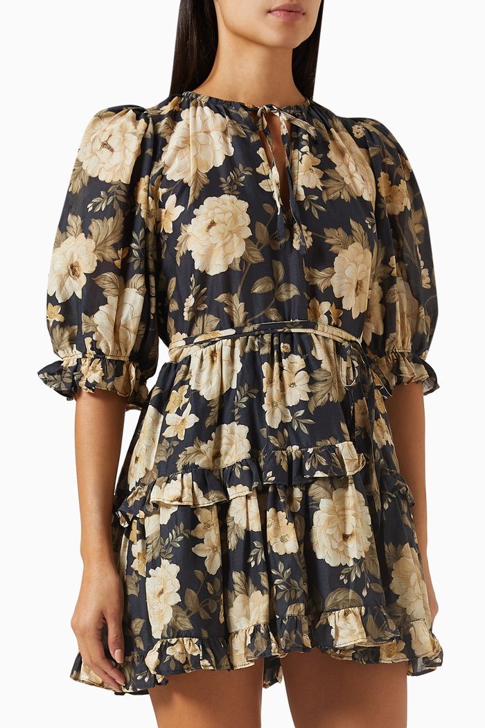 

Clemence Floral-print Mini Dress in Cotton-silk Blend, Black