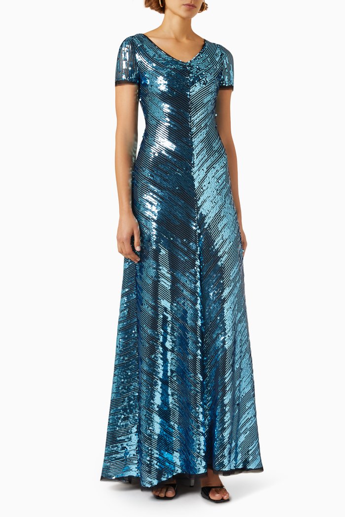 Brushstroke Sequins Maxi Dress, Blue