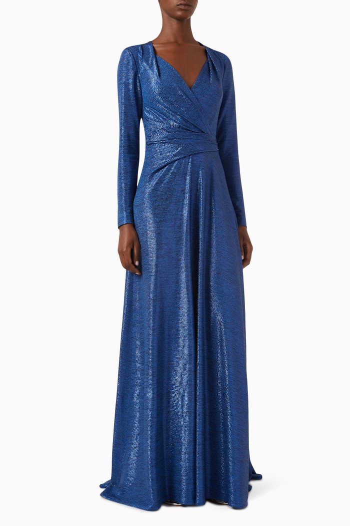 

Off-Shoulder Maxi Gown in Mirrorball Stretch, Blue