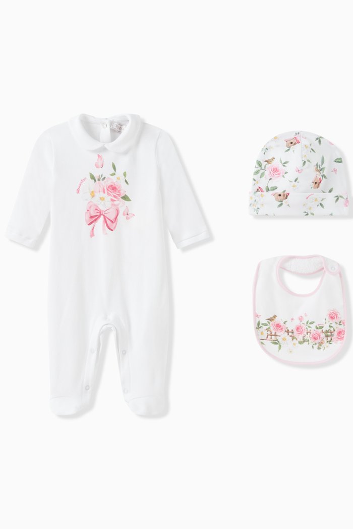 

Floral-print Sleepsuit Set in Cotton, White