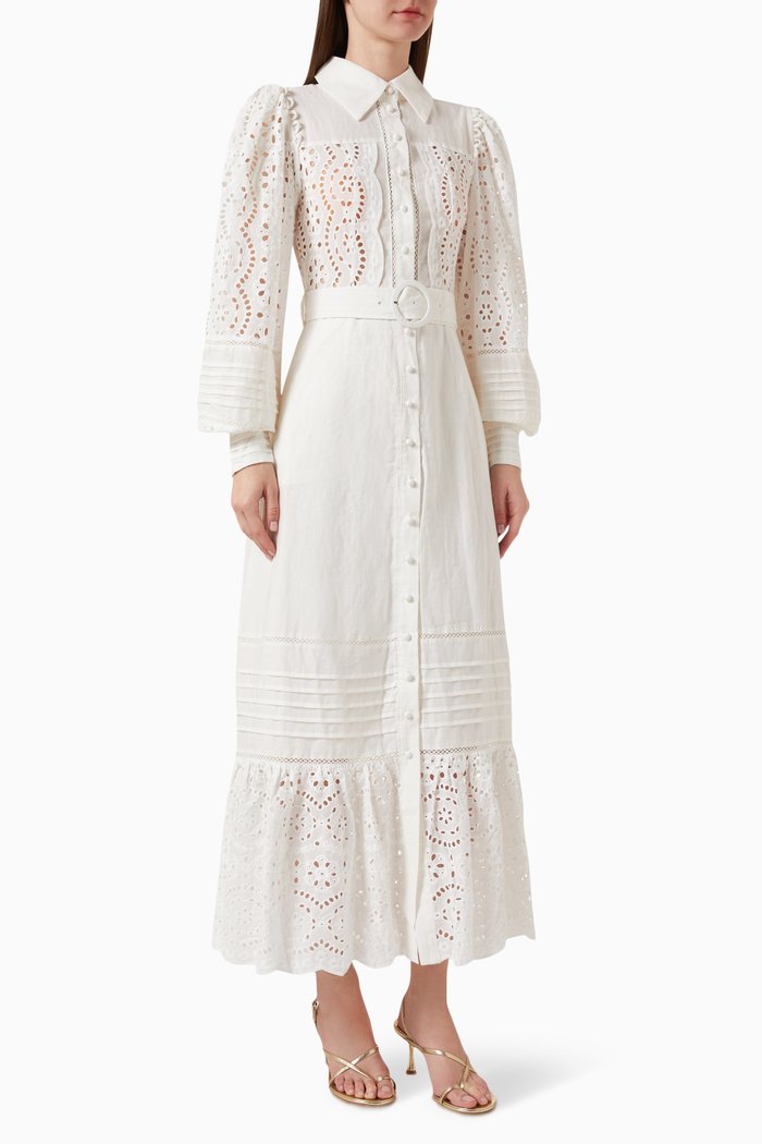 Lara Broderie Shirt Maxi Dress in Ramie, White
