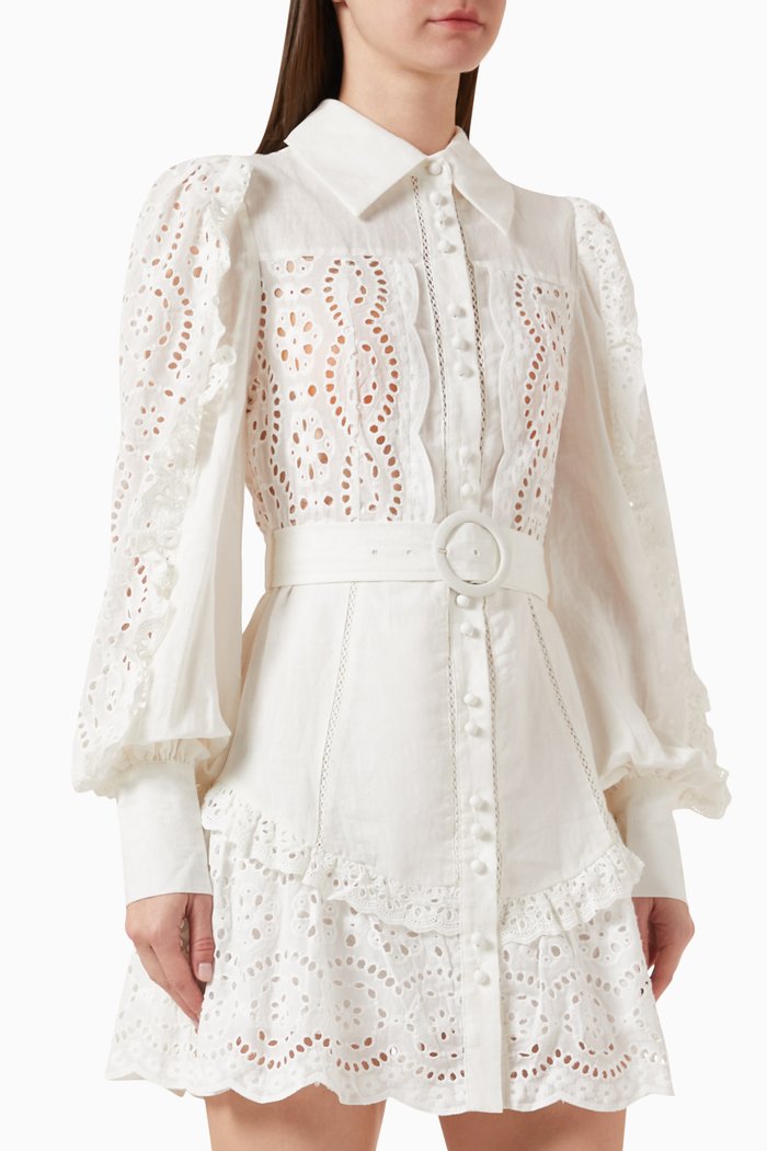 

Lulu Broderie Shirt Mini Dress in Ramie, White