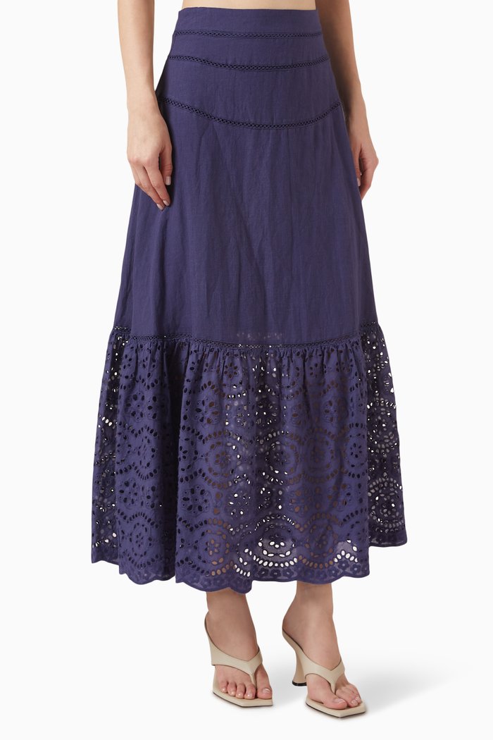 

Vera Broderie Midi Skirt in Ramie, Blue