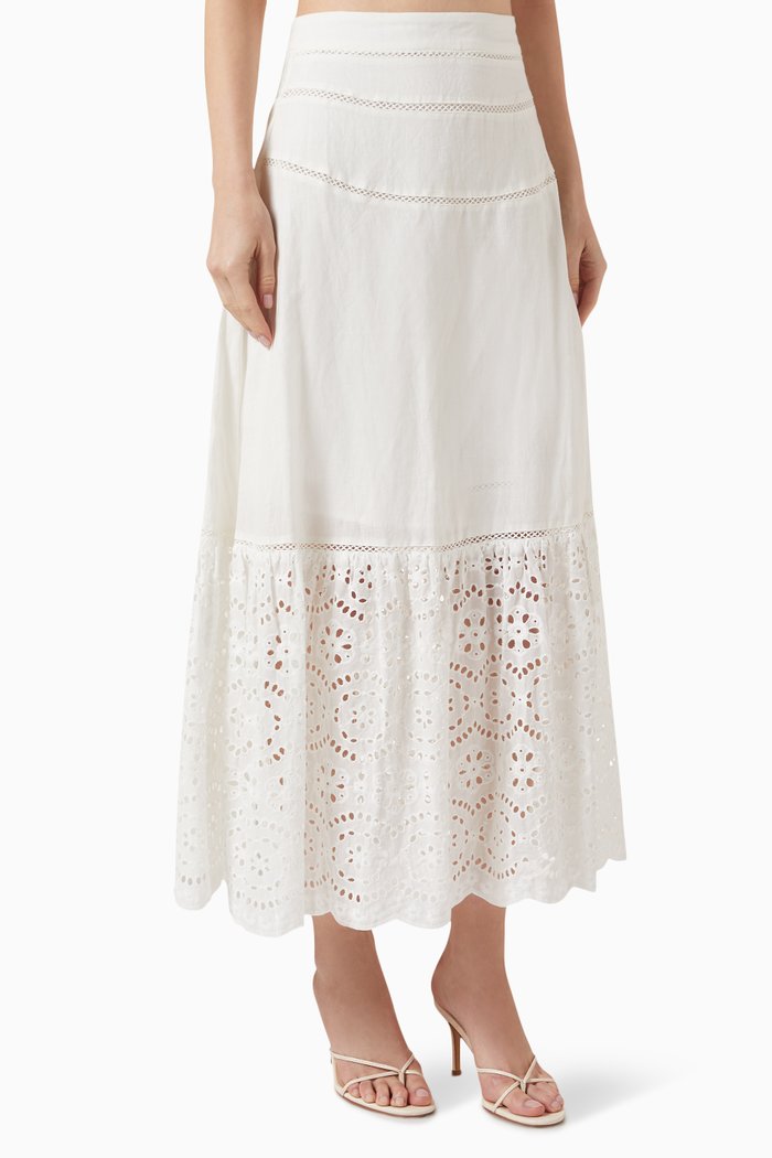

Vera Broderie Midi Skirt in Ramie, White