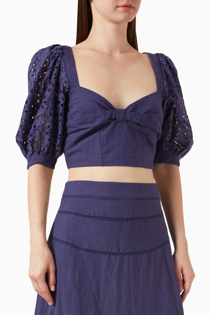 

Talia Broderie Crop Top in Ramie, Blue