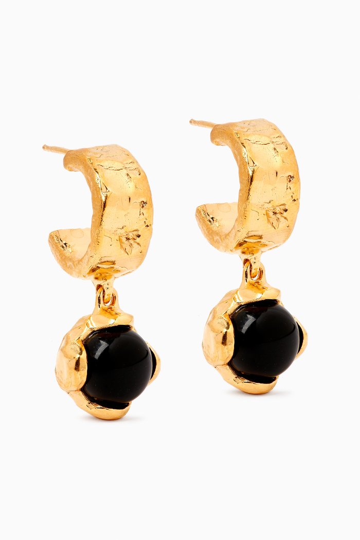 

Onyx Hoop Earrings in 24kt Gold-plated Bronze, Black