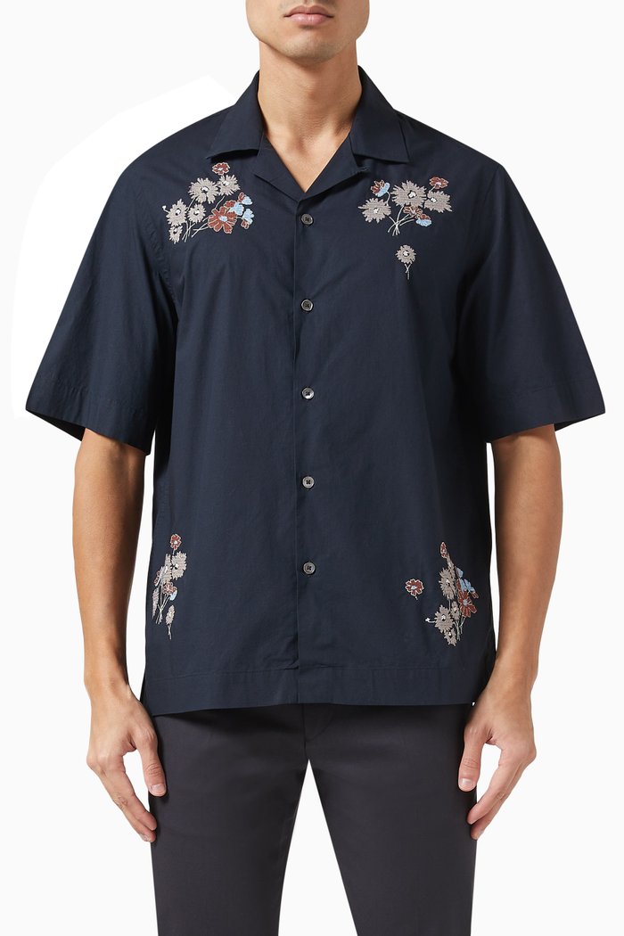 

Floral-embroidered Shirt in Cotton Blend, Blue