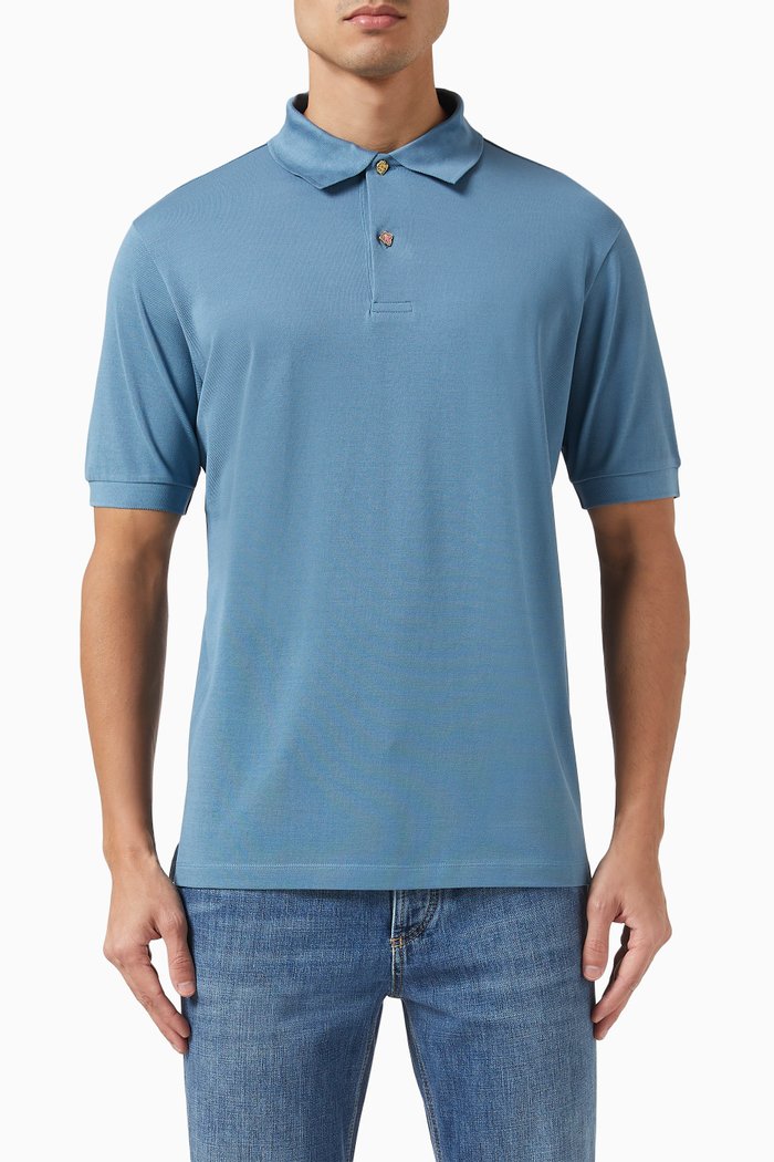 

Charm Button Polo Shirt in Cotton, Blue