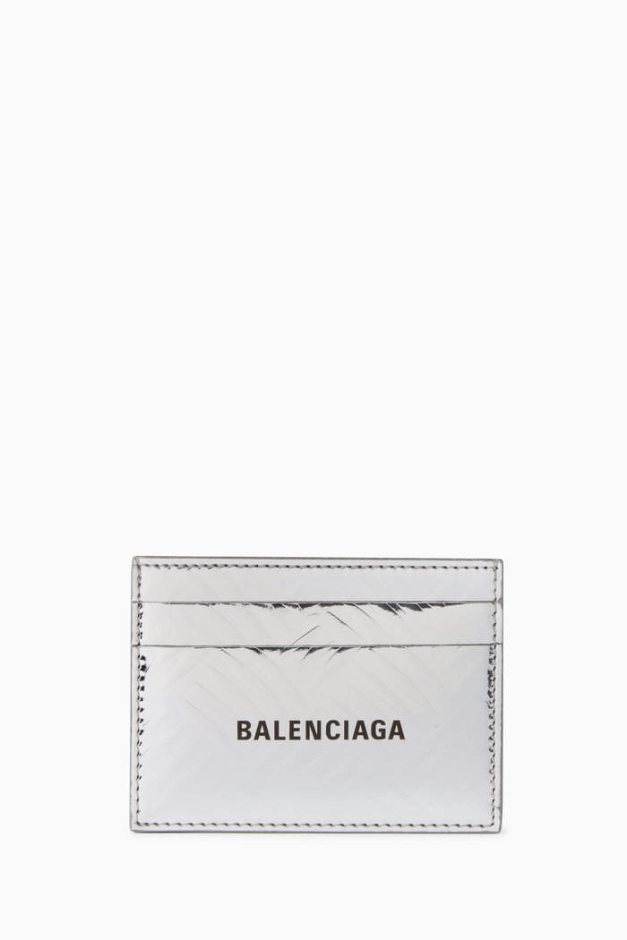 

Logo Card Holder in Metallic Leather, Grey