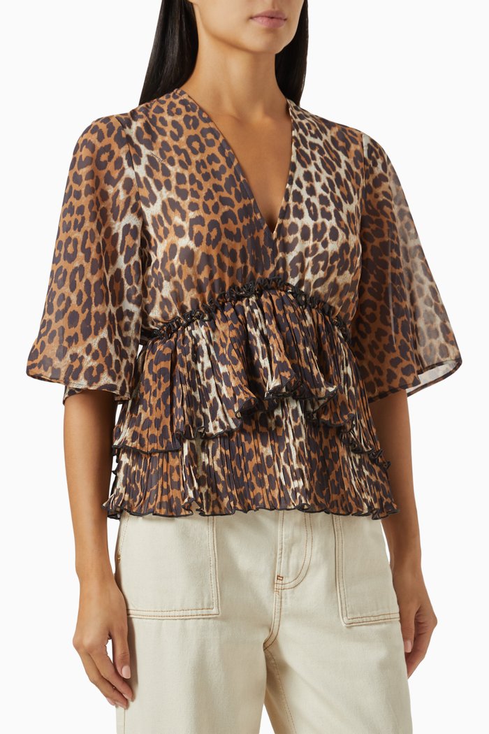 

Leopard-print Flounce Blouse in Pleated Georgette, Brown