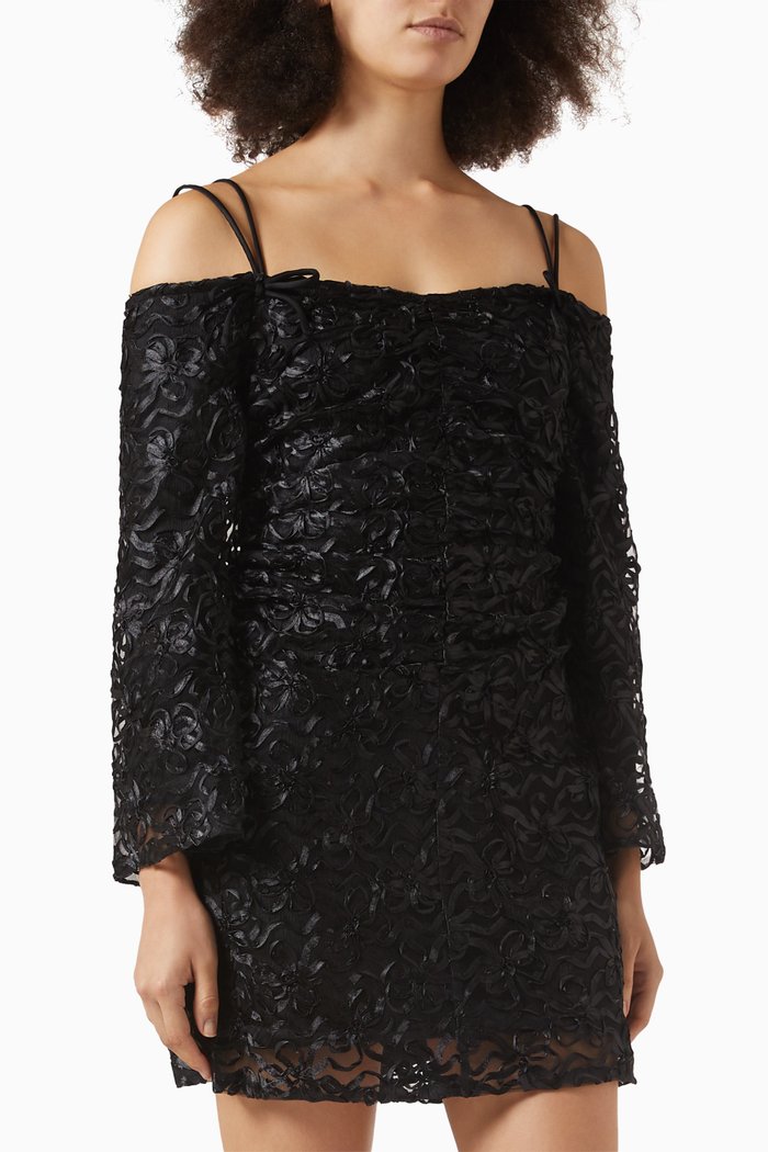 

Cold-shoulder Mini Dress in Ribbon Tulle, Black