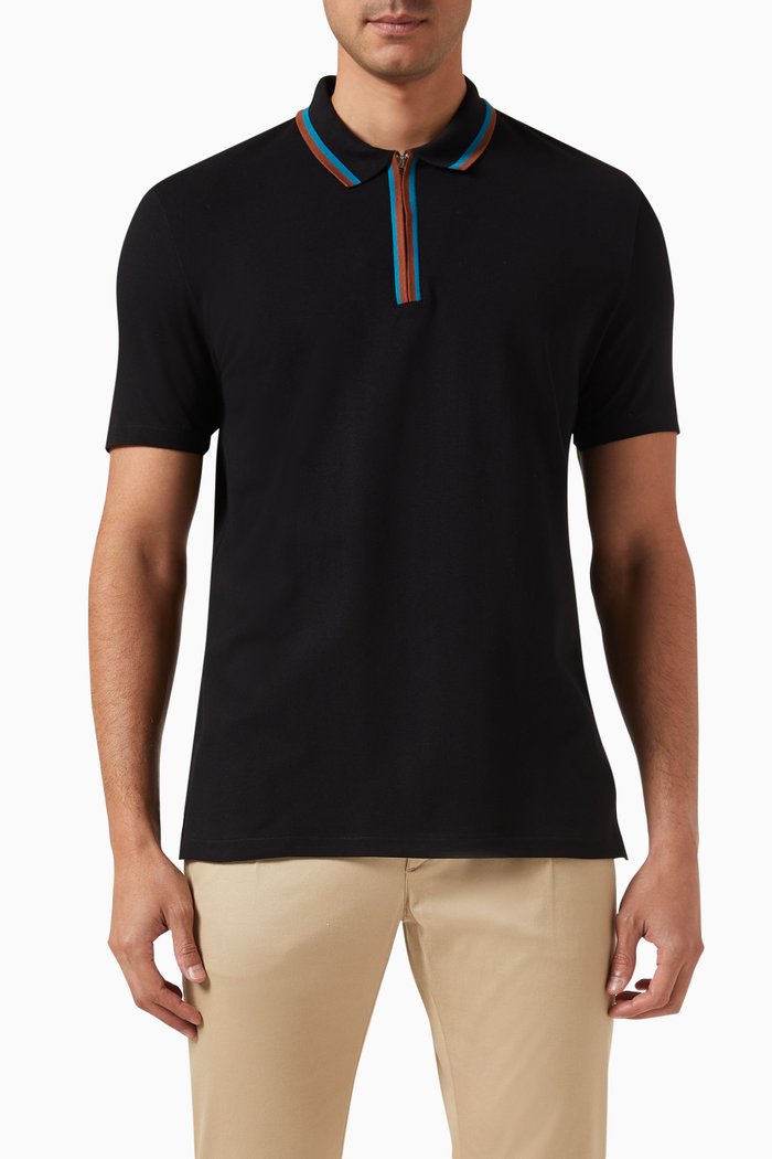 

Zip-neck Polo Shirt in Stretch-cotton, Black
