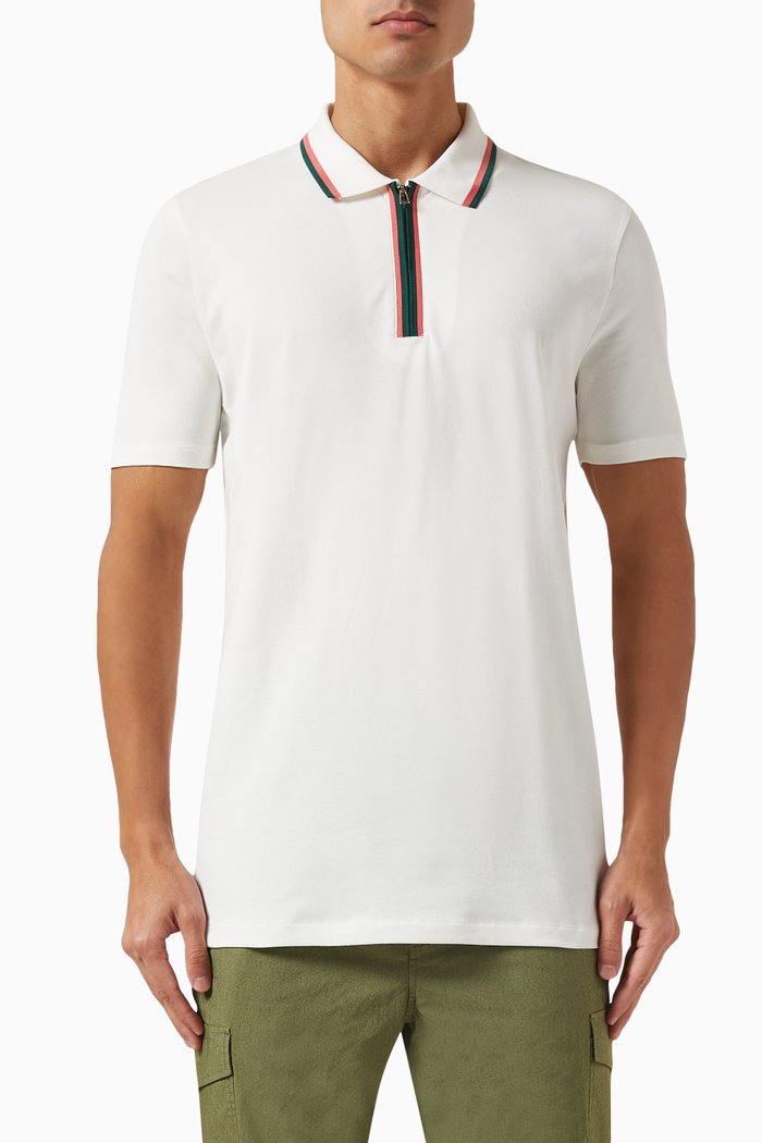 Zip-neck Polo Shirt in Stretch-cotton, Neutral