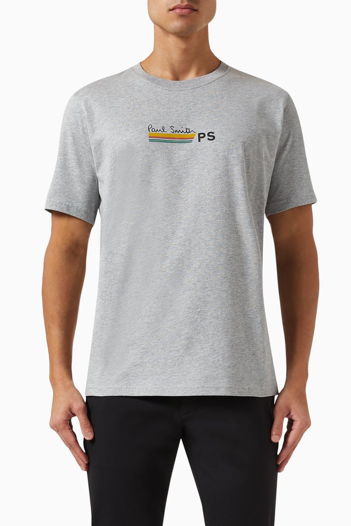 PS Logo Stripe Print T-Shirt in Organic Cotton, Grey
