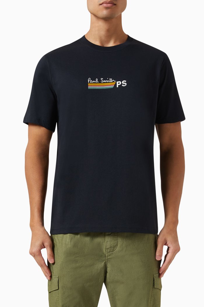 

PS Logo Stripe Print T-Shirt in Organic Cotton, Blue
