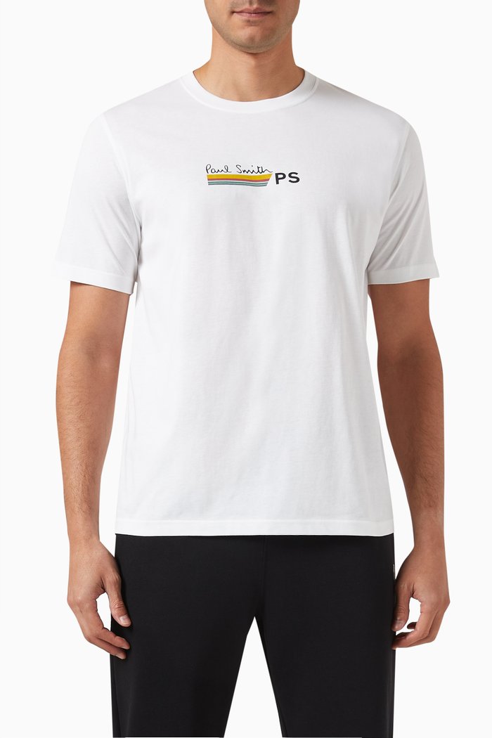 PS Logo Stripe Print T-Shirt in Organic Cotton, White