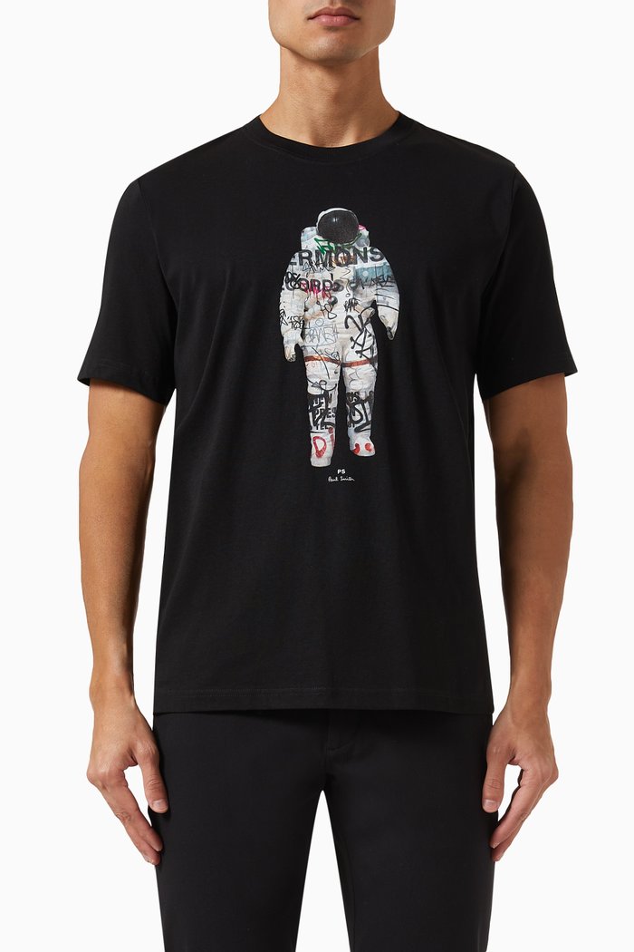 Astronaut Print T-Shirt in Organic Cotton, Black