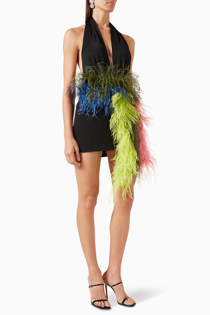 

Flora Feather-trim Mini Dress, Black