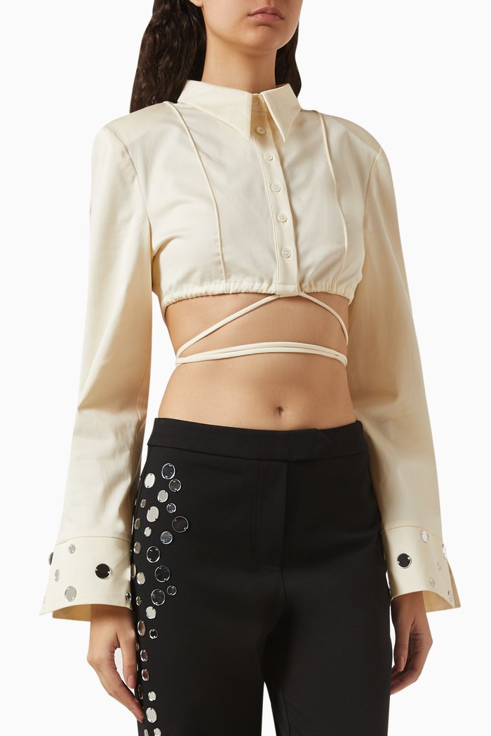 

Mirror-embellished Crop Shirt, Neutral