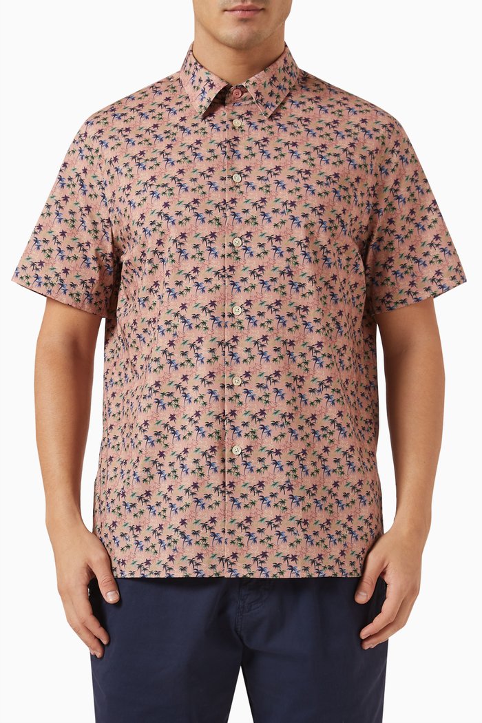 

Palm Tree Print Shirt in Stretch Organic Cotton, Pink