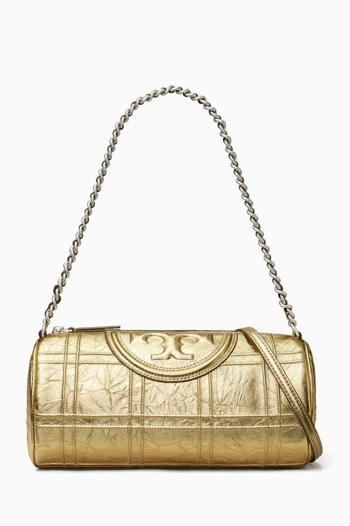 Fleming Barrel Bag in Quilted Metallic Leather, Gold