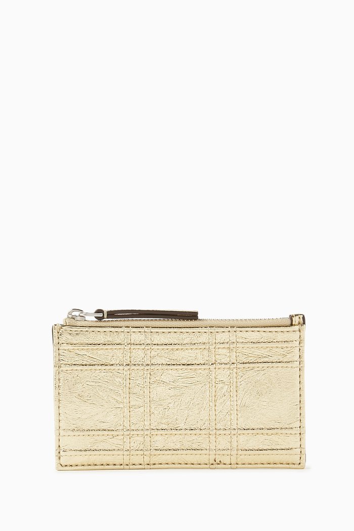

Fleming Soft Square Quilt Zip Card Case in Lambskin Leather, Gold
