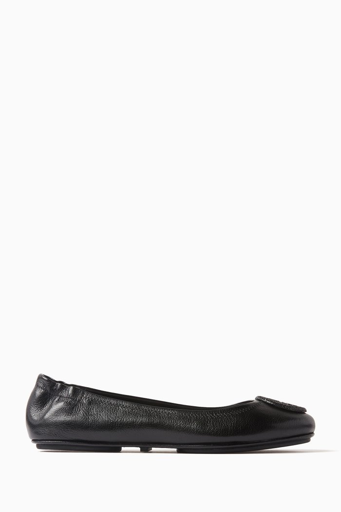 

Minnie Pavé Travel Ballet Flats in Leather, Black